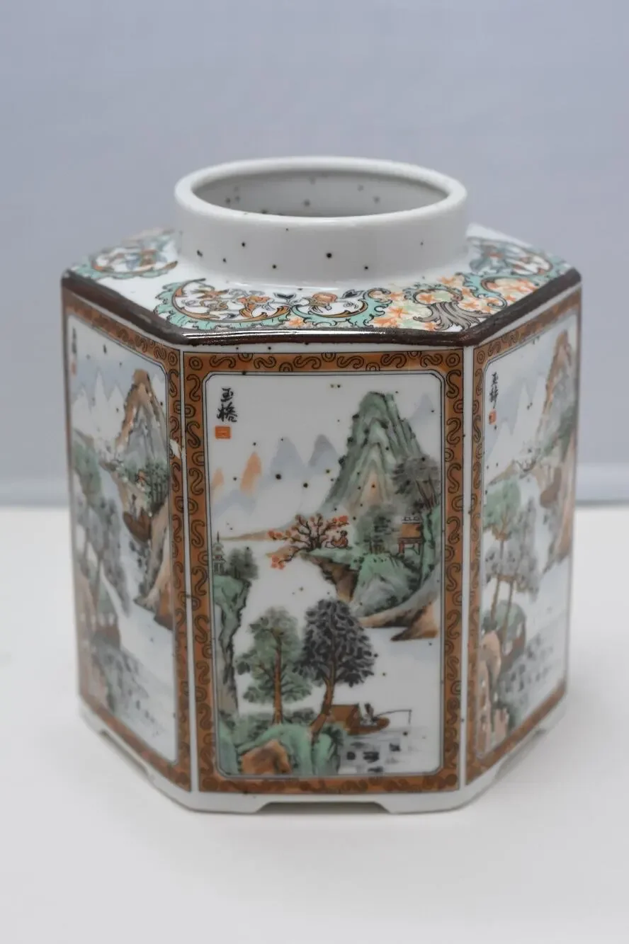 Japanese Enameled Porcaline Hand Painted Sansui Hexagon Nippon Vase
